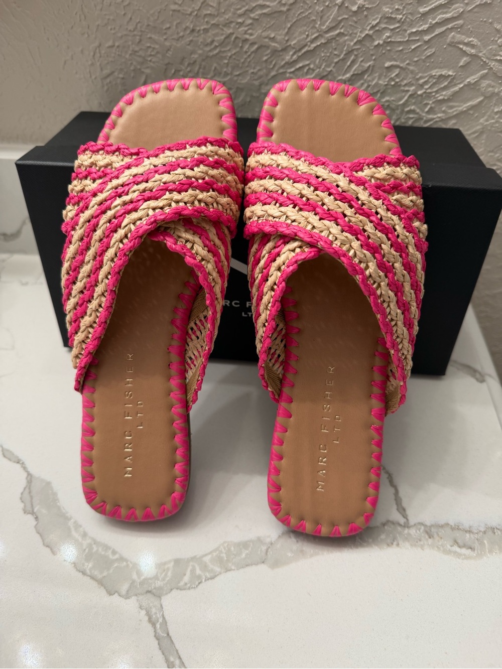 Marc Fisher LTD Nylie Pink and Natural Braided Slide Sandal NWT